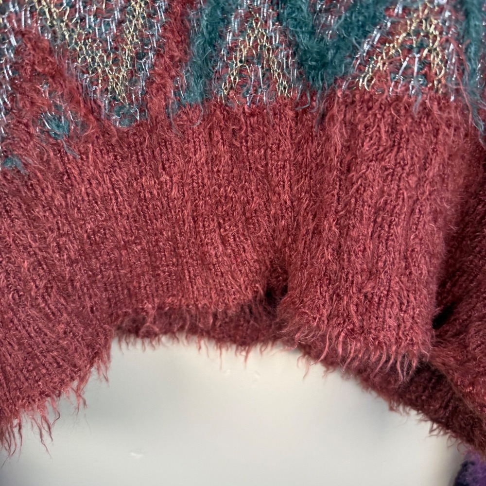 For Love & Lemons 90s‎ Zigzag Cropped Sweater Women S Burgundy Metallic Y2K Boho - Picture 7 of 9